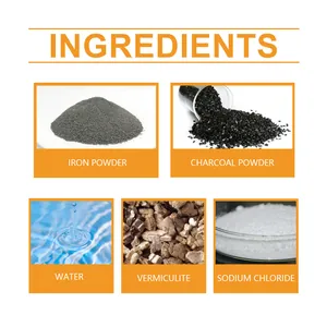Détails des composants du chauffe-mains jetable : poudre de fer, charbon actif et eau.