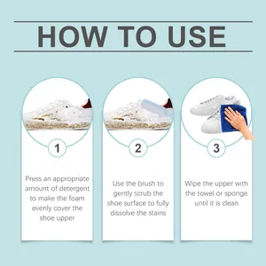 Step-by-step instructions for using white shoe foam cleaner kit with brush and towel.