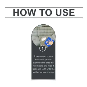 Step-by-step instruction showing how to apply leather care cream on a grey sofa surface.