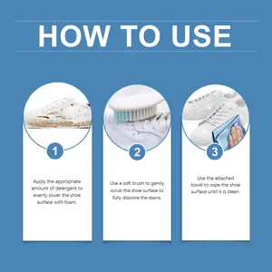 Three-step instructional guide showing how to apply foam, scrub, and wipe white sneakers