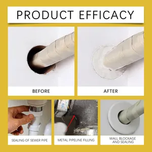 Visual guide showing metal sealing putty application on wall pipes and sewers