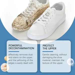 Side-by-side comparison of white shoe cleaner removing stains and yellowing