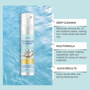 Jue Fish foam shoe cleaner detail showing deep cleaning features and 100ml spray bottle