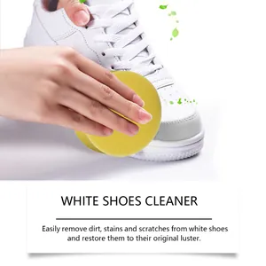 Detail showing yellow sponge cleaning a white sneaker with white shoes cleaner paste