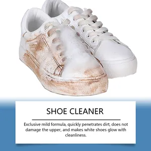 Demonstration of white shoe cleaner effectiveness on dirty sneakers with mild foam