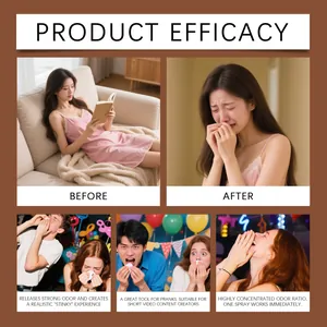 Before and after reactions showing the effectiveness of a realistic prank fart spray.