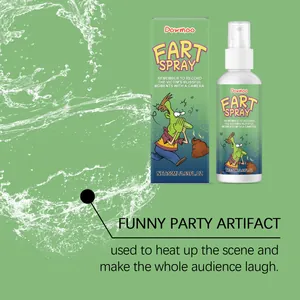 Detail view of Dowmoo Fart Spray bottle and packaging for party pranks