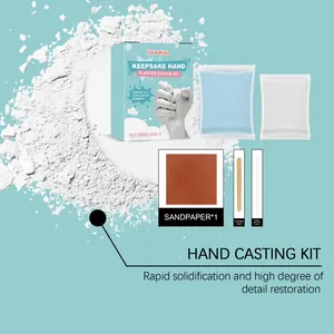 Detail view of DIY hand casting kit including plaster powder, sandpaper, and tools.