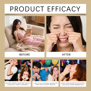 Multi-panel collage showing various funny reactions to a stinky fart prank spray gift