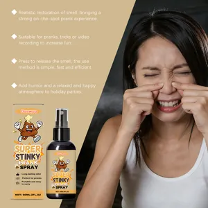 Close-up of DOWMOO prank stinking spray bottle and box with realistic fart smell