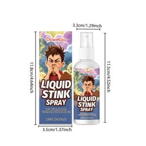 DOWMOO Stinkspray Scherzartikel Abmessungen mit 50ml Flasche und Verpackungsbox im Detail
