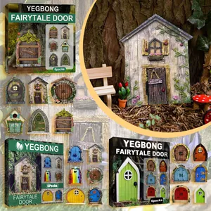 Detailed view of miniature fairytale door sets for whimsical garden and tree decoration