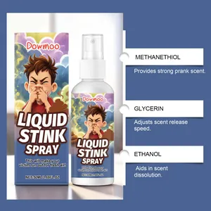 Detailansicht der Dowmoo Stink-Spray-Verpackung und der Inhaltsstoffliste in Blau