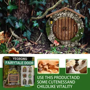 Miniature wooden fairy door for garden tree decoration with 6-pack packaging details