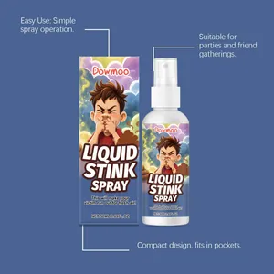 Detailansicht der DOWMOO Stink-Spray Flasche und Box für lustige Party-Streiche