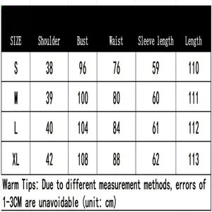 Women's long trench coat size chart including shoulder, bust, waist, and sleeve length