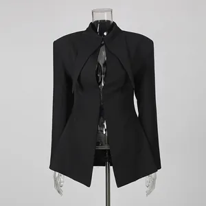 Detailed front view of an elegant black waist-slimming blazer displayed on a transparent mannequin