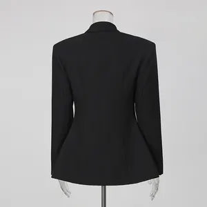 Back view of black tailored blazer featuring a slimming waist cut and elegant flared hem