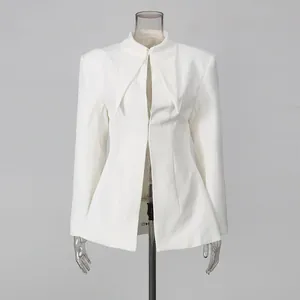 Elegant white structured blazer with sharp pointed lapels and slim waist for women.