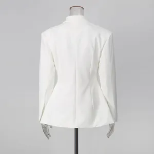 Back view of an elegant white slim-fit tailored blazer for women with structured seams