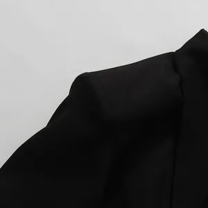 Close-up of structured shoulder and lapel detail on a elegant black blazer for women