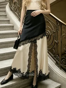 Summer Lace Patchwork Satin Midi Skirt For Women Sexy High Slit Asymmetric Elegant Chic Long Skirt Daily Party Date