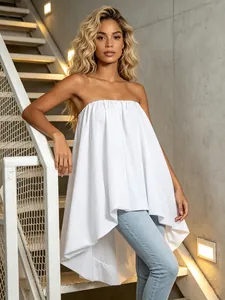 Top a Tubino Senza Spalline da Donna Poliestere Elastan Increspato Design Pieghettato Orlo Irregolare Stile Casual Estate Moda Top