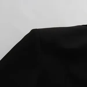 Close-up detail of structured shoulder on an elegant slim-fit black suit blazer