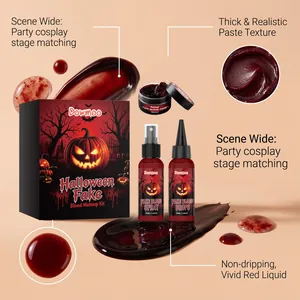 Comprehensive Halloween fake blood makeup kit including spray, drops, and realistic paste