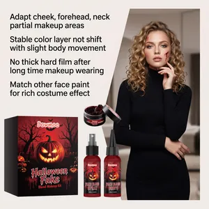 Detailed view of Halloween fake blood makeup kit featuring spray, drops and paste