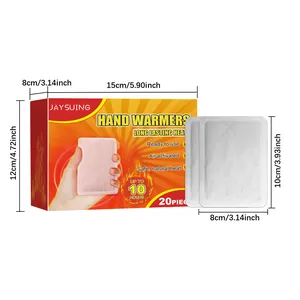 Dimensions détaillées de la boîte de 20 chauffe-mains jetables et des patchs chauffants
