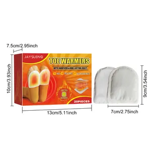 Detailed size chart for JAYSUING disposable toe warmers with box and heating pad dimensions
