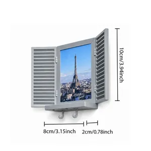 Grey wall-mounted window-style key holder with integrated photo frame and hooks
