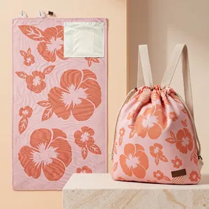 2-in-1 Mikrofaser Strandtuch Rucksack Schnelltrocknend Sandabweisend Blumen Schildkröte Muschel Druck Kordelzug Beutel Outdoor