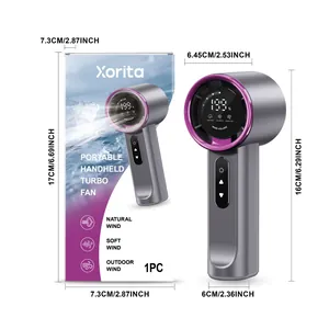 Detailed dimensions of XORITA portable handheld turbo fan with packaging box
