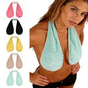 Soft absorbent towel bra shown in multiple colors with model demonstration for sports