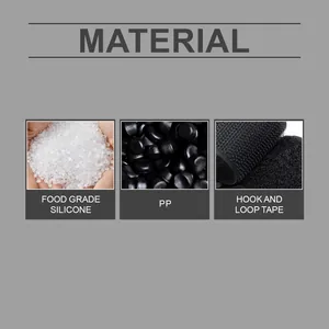 Detailansicht der Materialien: lebensmittelechtes Silikon, PP und Klettverschluss.