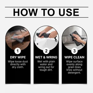 Guide d'instruction montrant trois étapes d'utilisation du chiffon microfibre