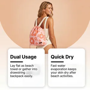 Detailansicht des 2-in-1 Strandtuch-Rucksacks mit Beschreibung der Schnelltrocknung.