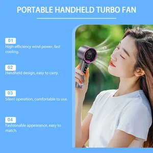 Asian woman using a high-speed portable handheld turbo fan outdoors for fast cooling