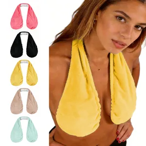 Detail view of soft absorbent towel bra in various colors for sports use