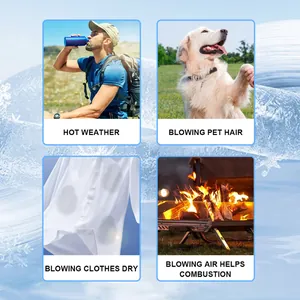 Handheld fan usage: outdoor cooling, pet grooming, drying clothes, and fire starting