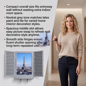 Wall-mounted grey photo frame key holder with shutter doors and dual hanging hooks