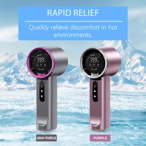 Portable high-speed handheld fan in gray and purple with digital wind volume display