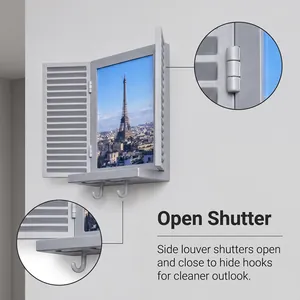 Grey wall-mounted photo frame key holder with openable louver shutters detail