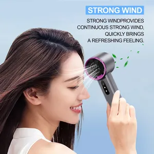 Close-up view of a portable high-speed handheld fan used by an Asian woman for cooling