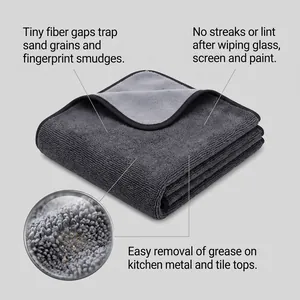 Vue macro d'un chiffon en microfibre gris détaillant sa structure de fibres haute densité