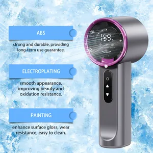 Portable high-speed handheld fan with digital display and icy background for cooling.