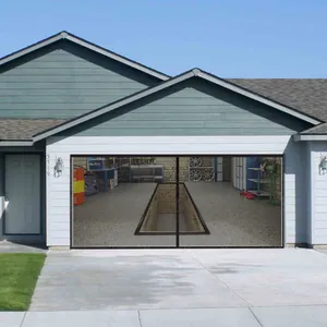 Detail view of a black mesh garage door insect screen installed on a white suburban house