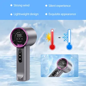 High-speed handheld portable fan with digital display screen showing wind volume